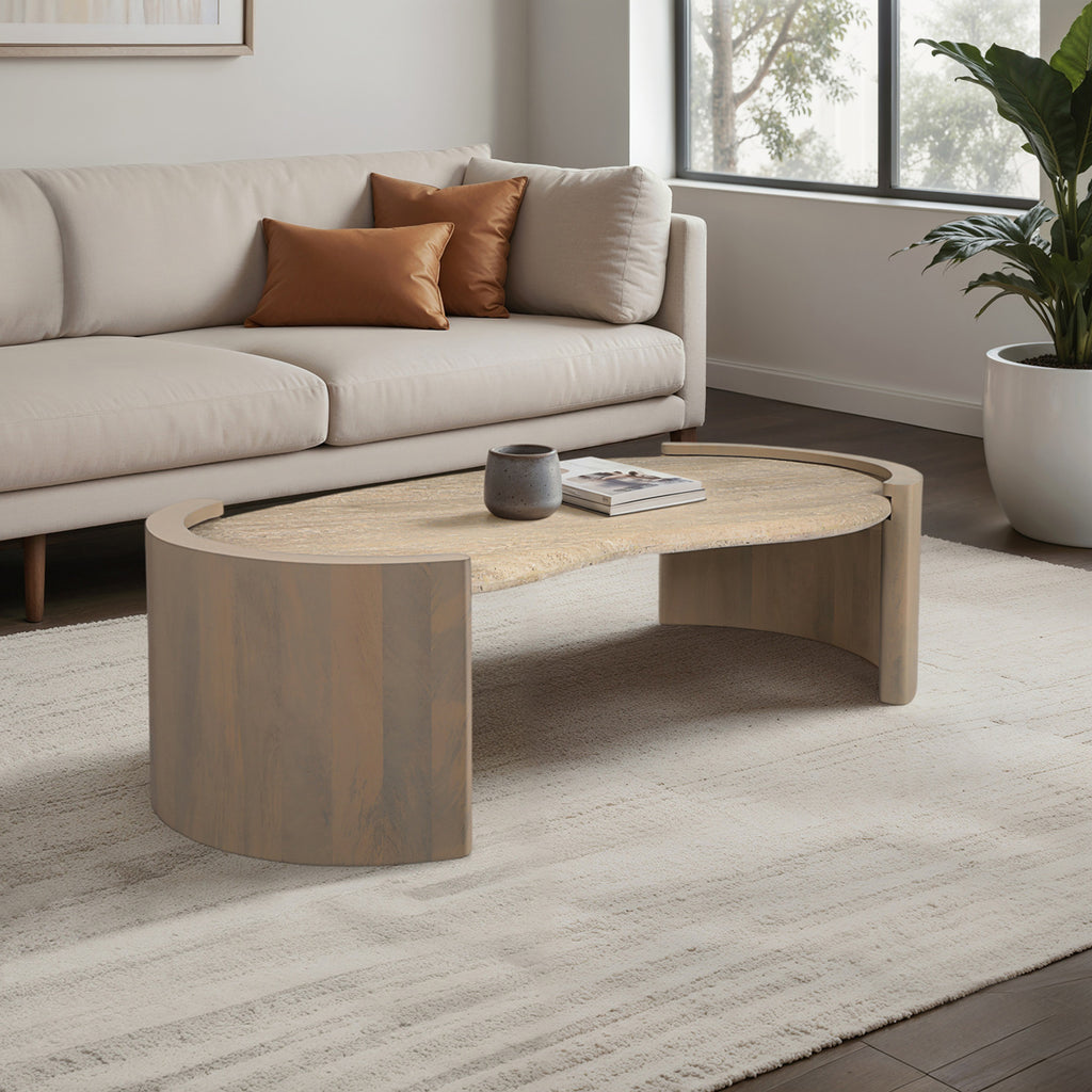 Leiona Travertine And Wood Coffee Table
