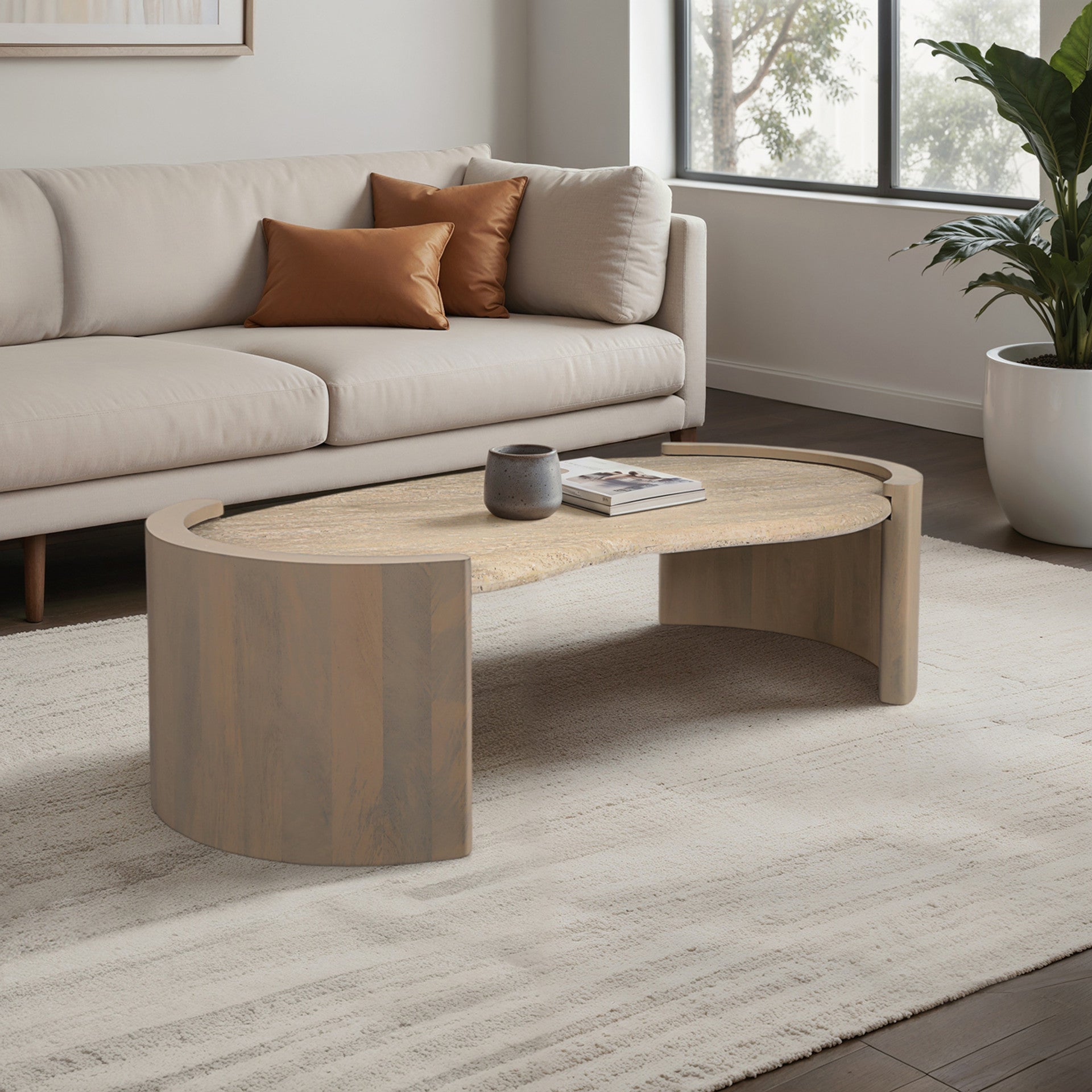 Leiona Travertine And Wood Coffee Table